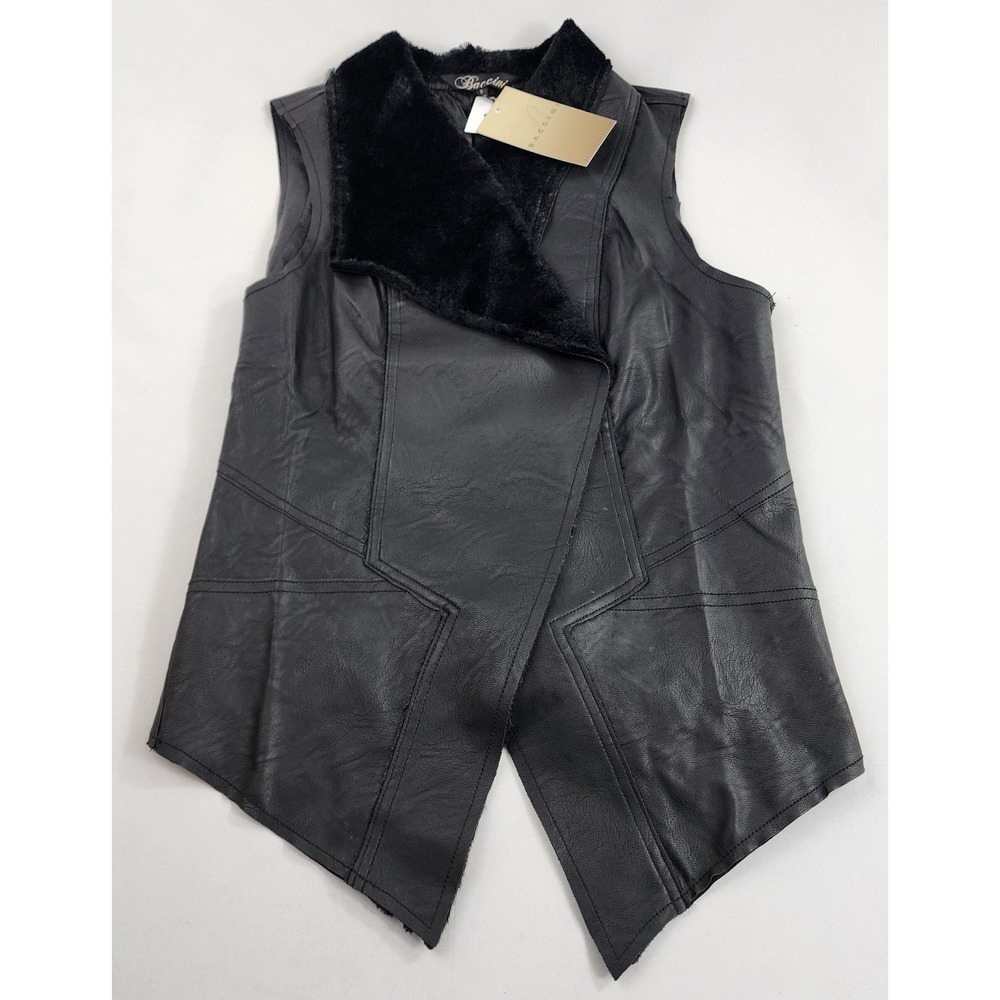 Baccini Womens Black Faux Leather & Fur Vest M271291ST Small Vintage Biker